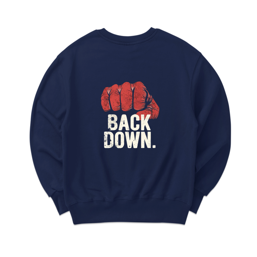 네이비 맨투맨 뒷면 BACK DOWN 그래픽